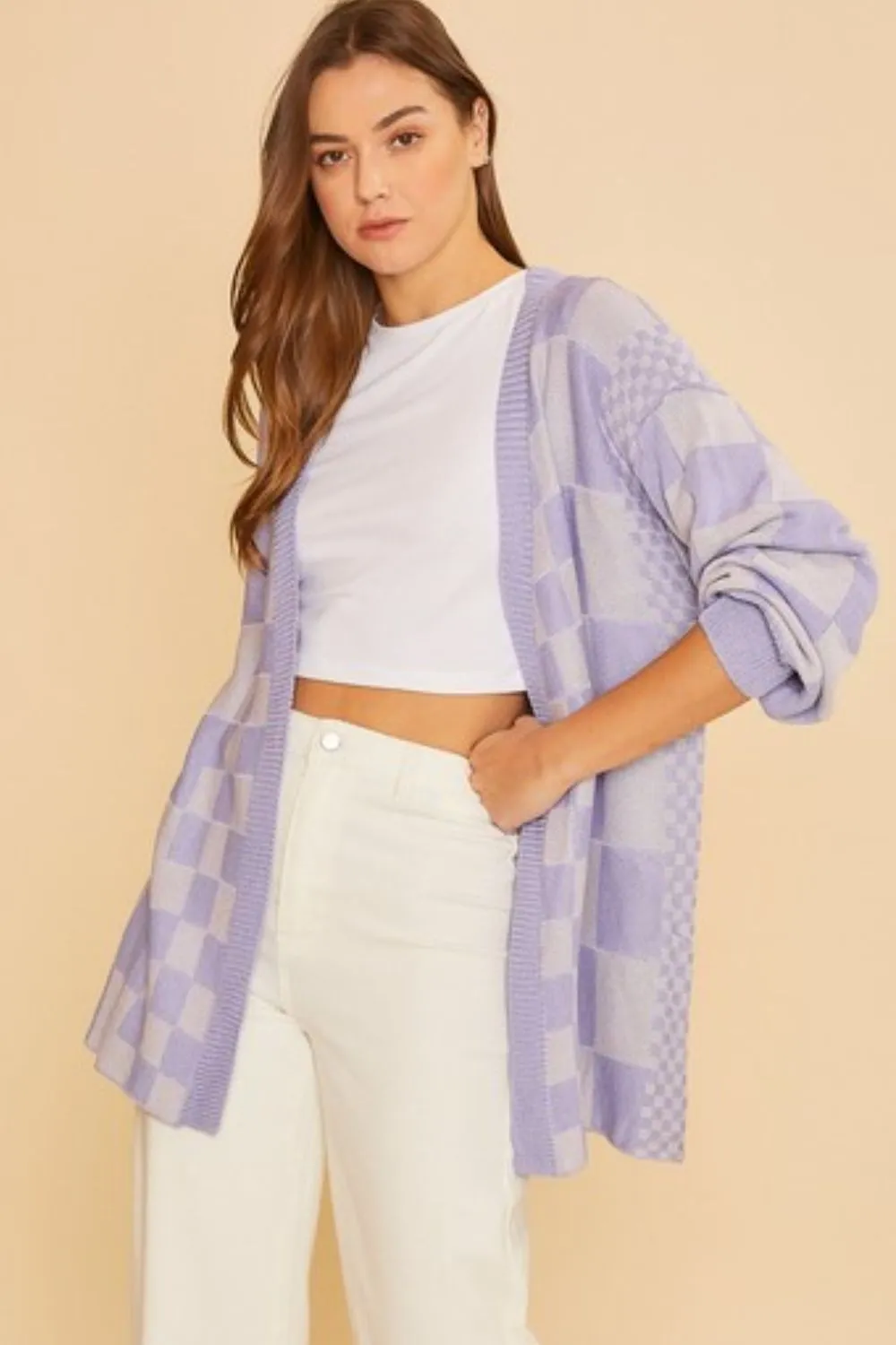 Annie Wear Lavender Checkered Open Front Drop Shoulder Cardigan