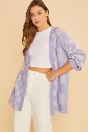 Annie Wear Lavender Checkered Open Front Drop Shoulder Cardigan