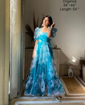 Blue organza stylish gown partywear dress