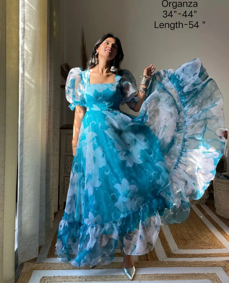 Blue organza stylish gown partywear dress
