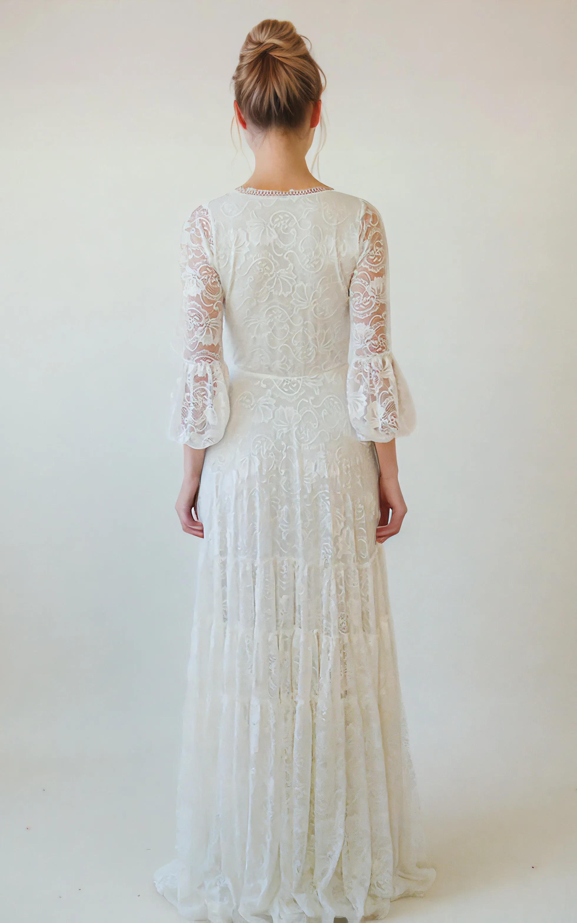 Casual Country Boho Lace A-Line Reception Wedding Dress Rustic Chic Elegant V-Neck Sleeved Maxi Bridal Gown