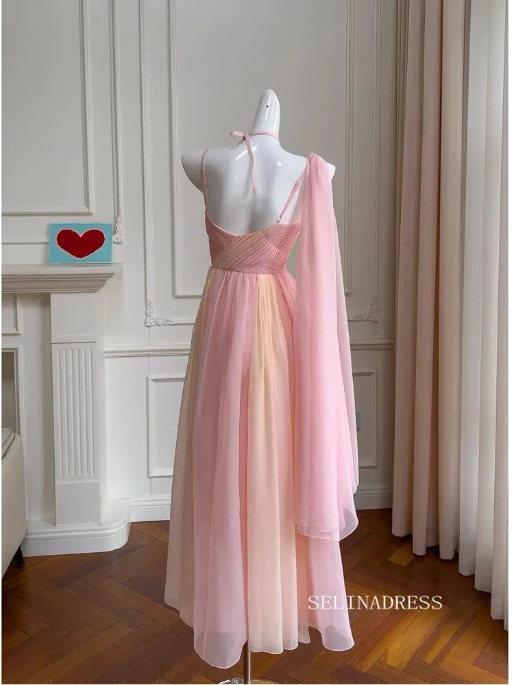 Chic A-line Obmre Pink Long Prom Dresses Chiffon Evening Dress #TK160