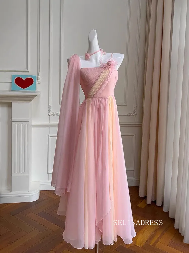 Chic A-line Obmre Pink Long Prom Dresses Chiffon Evening Dress #TK160