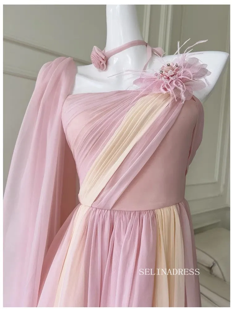 Chic A-line Obmre Pink Long Prom Dresses Chiffon Evening Dress #TK160