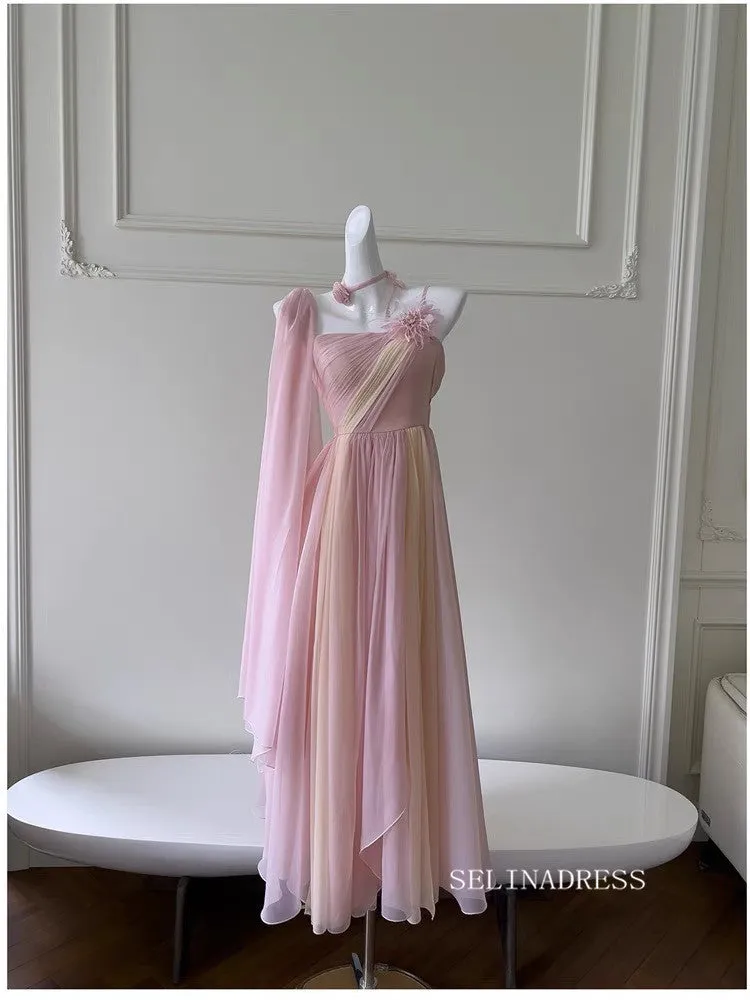 Chic A-line Obmre Pink Long Prom Dresses Chiffon Evening Dress #TK160