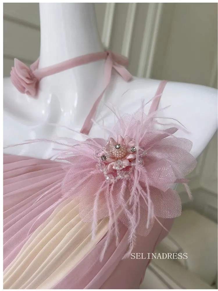 Chic A-line Obmre Pink Long Prom Dresses Chiffon Evening Dress #TK160