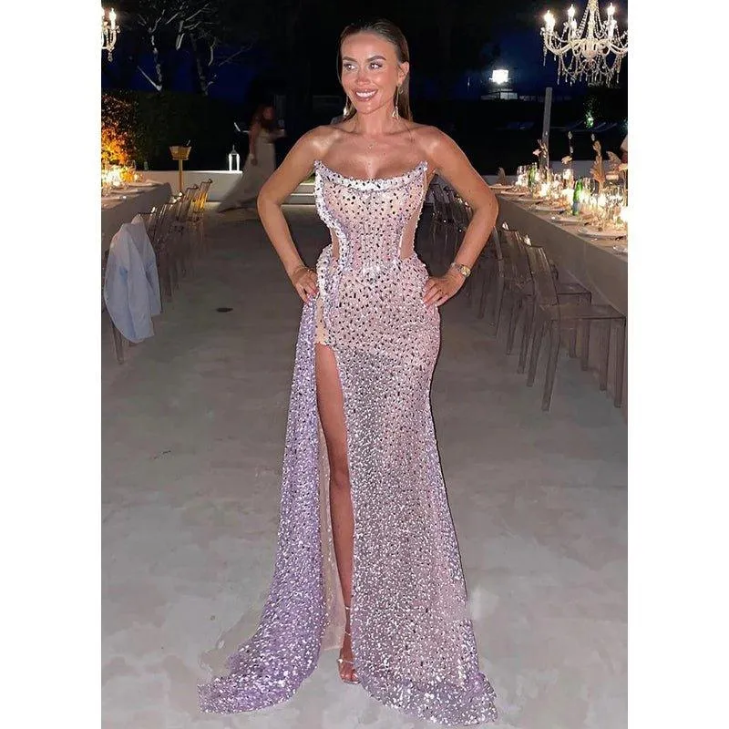 Chic & Luxurious Strapless Beaded Long Sheer Evening Prom Dress Pageant Dress