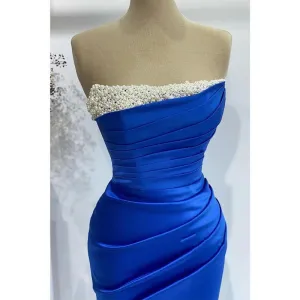 Chic & Modern Strapless Beaded Blue Long Prom Dress Evening Gown