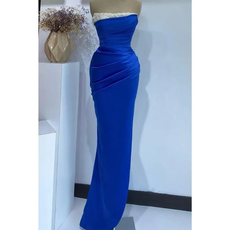 Chic & Modern Strapless Beaded Blue Long Prom Dress Evening Gown