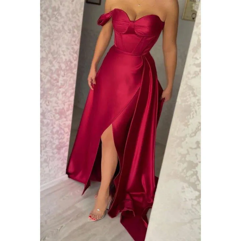 Chic & Simple One Shoulder Satin Pleats Burgundy Long Formal Evening Dress