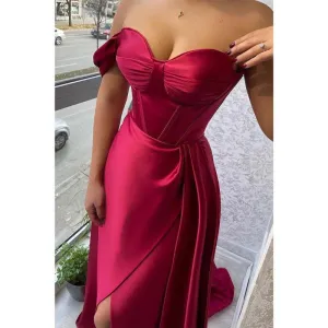 Chic & Simple One Shoulder Satin Pleats Burgundy Long Formal Evening Dress