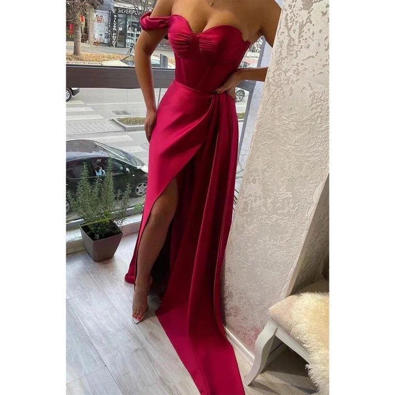 Chic & Simple One Shoulder Satin Pleats Burgundy Long Formal Evening Dress