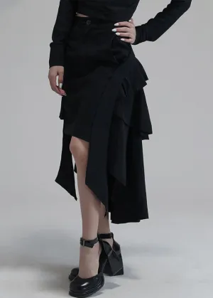 Chic Black Asymmetrical Pockets High Waist Cotton Skirts Spring AS1009