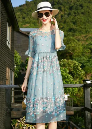 Chic Blue O-Neck Embroideried Ruffled Silk Vacation Dresses Short Sleeve