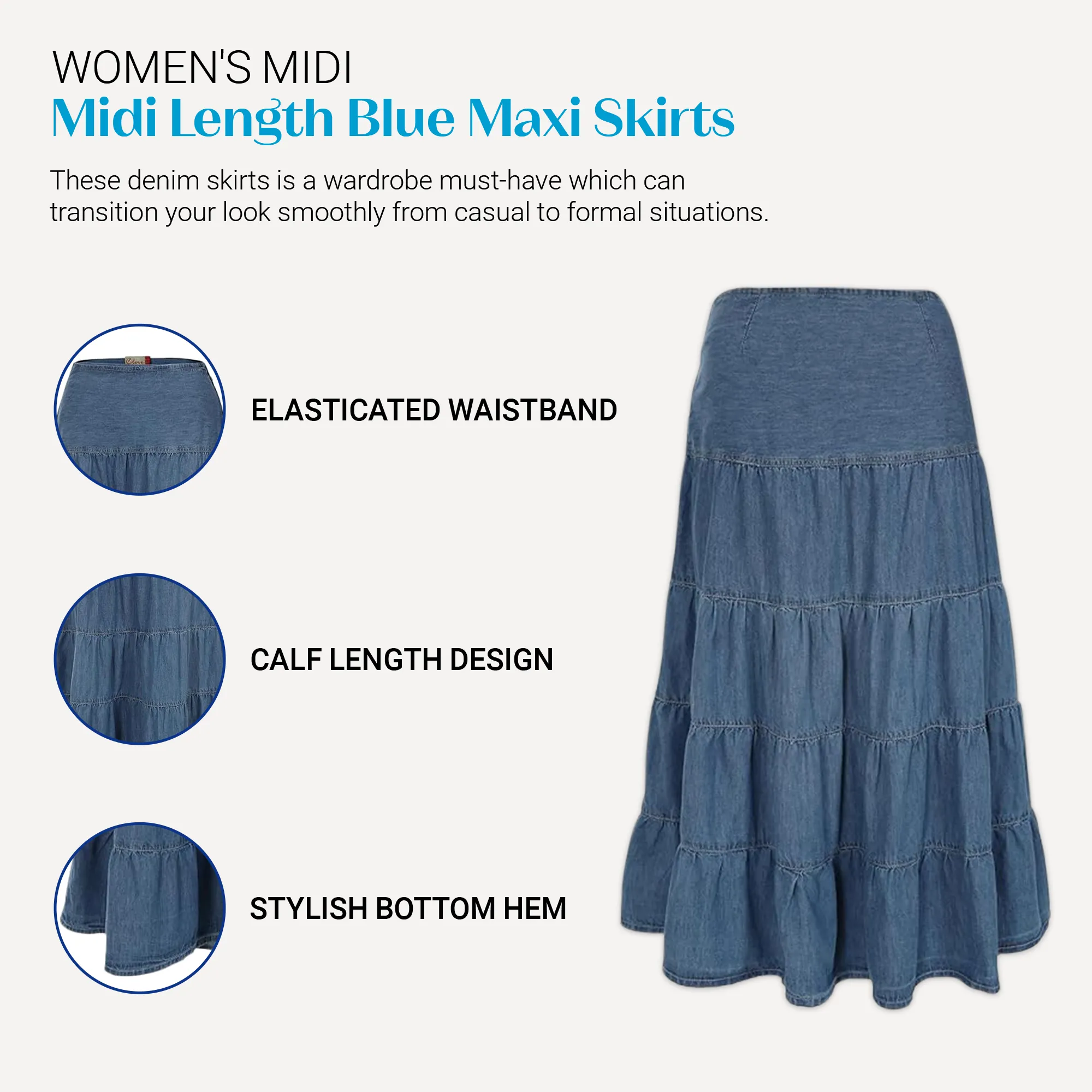 Clove Jeans Womens Denim Midi Tiered Skirt Calf Length Plus Size Flare Skirt 12-24