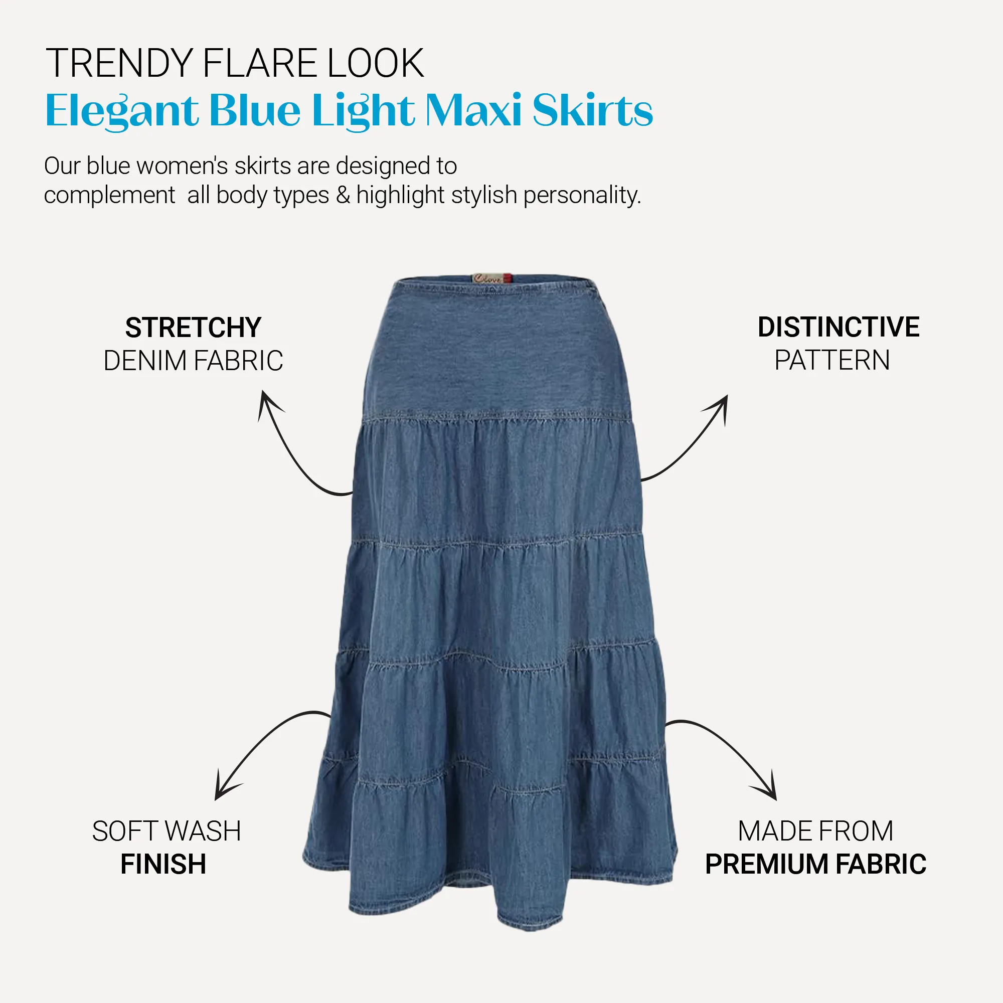 Clove Jeans Womens Denim Midi Tiered Skirt Calf Length Plus Size Flare Skirt 12-24