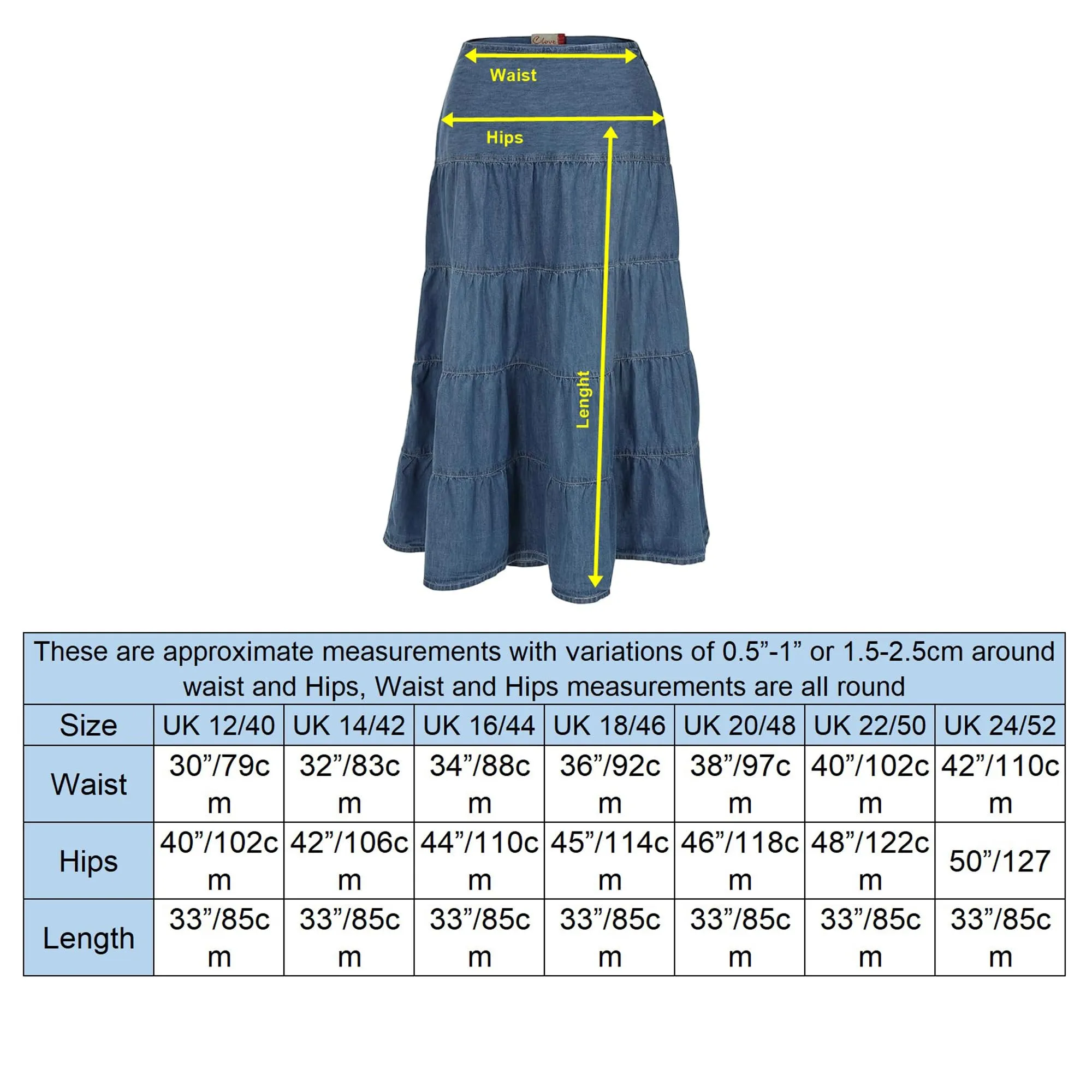 Clove Jeans Womens Denim Midi Tiered Skirt Calf Length Plus Size Flare Skirt 12-24