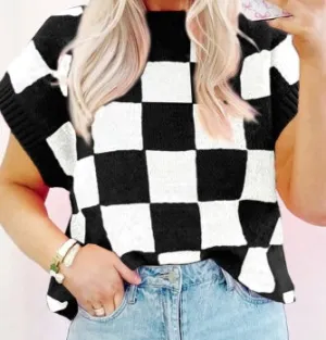Colorblock Plaid Checkered Pattern Ribbed Trim Sweater Tank Top