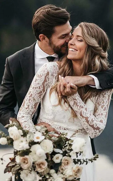 Country Boho Two Piece Chiffon Lace Bateau Long Sleeve Wedding Dress with Pleats-716013