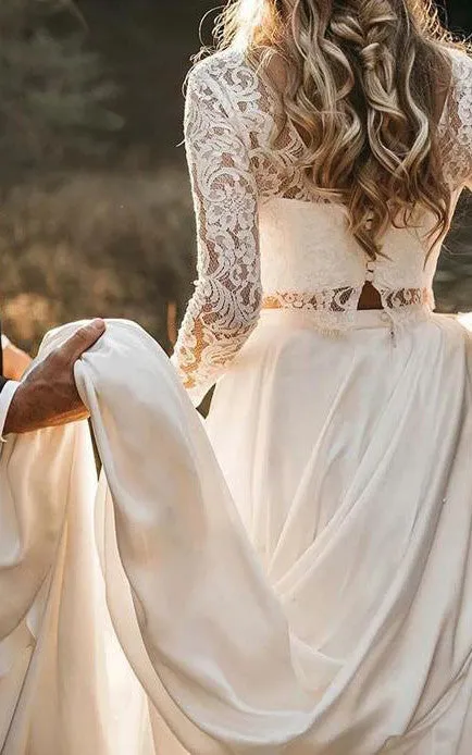 Country Boho Two Piece Chiffon Lace Bateau Long Sleeve Wedding Dress with Pleats-716013