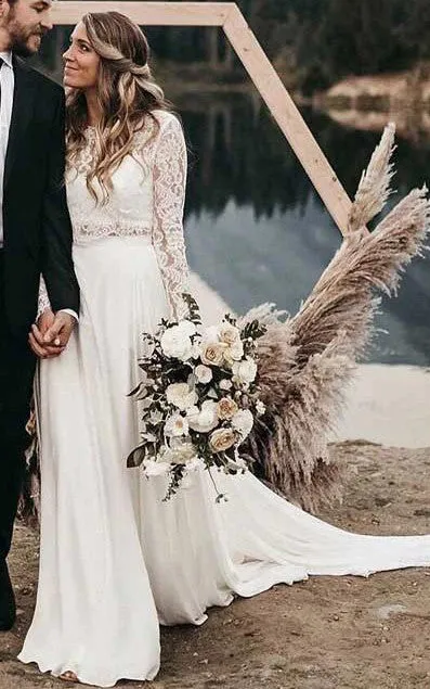 Country Boho Two Piece Chiffon Lace Bateau Long Sleeve Wedding Dress with Pleats-716013
