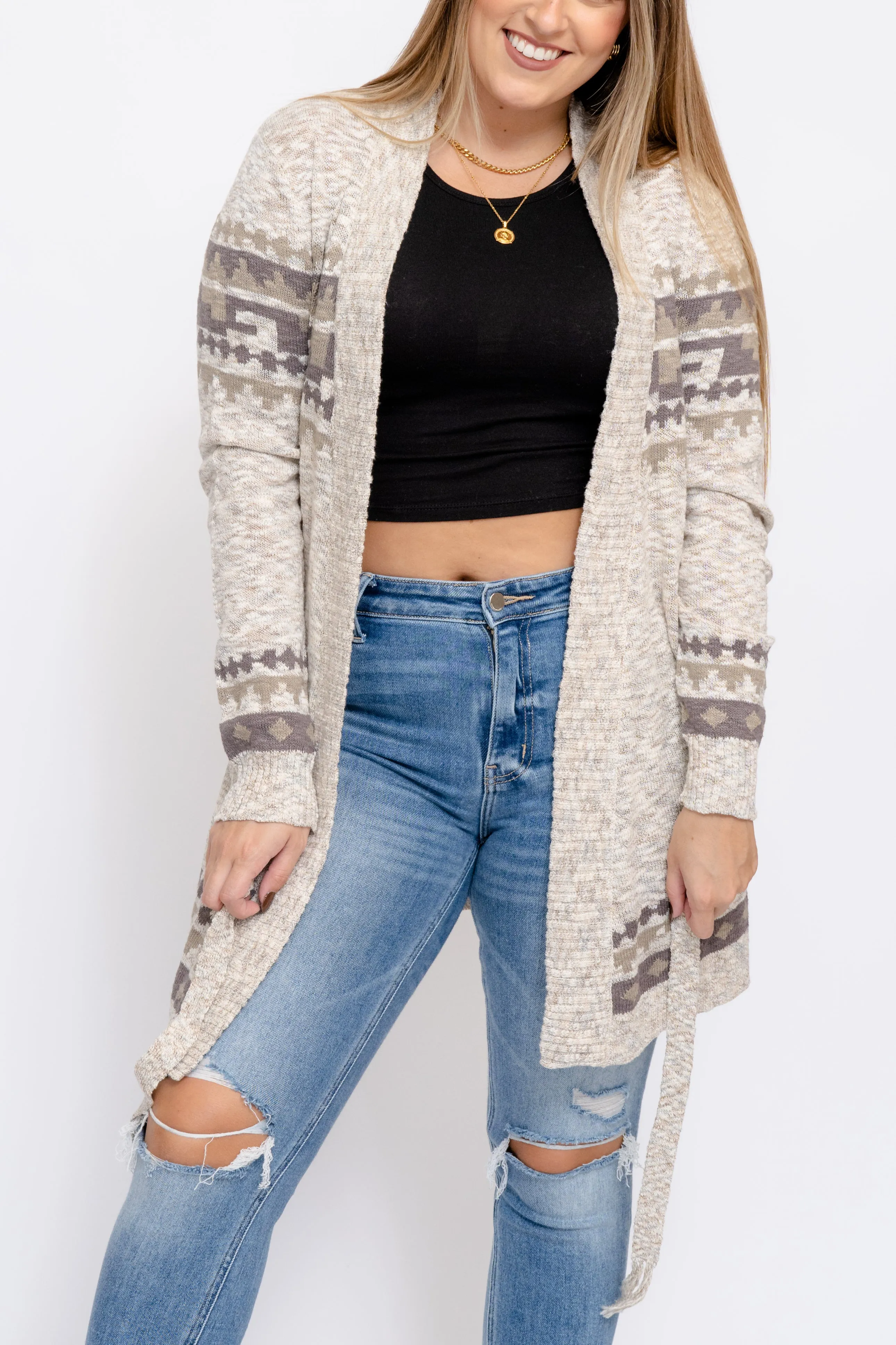 Cream/Taupe Cardigan with Waist Tie