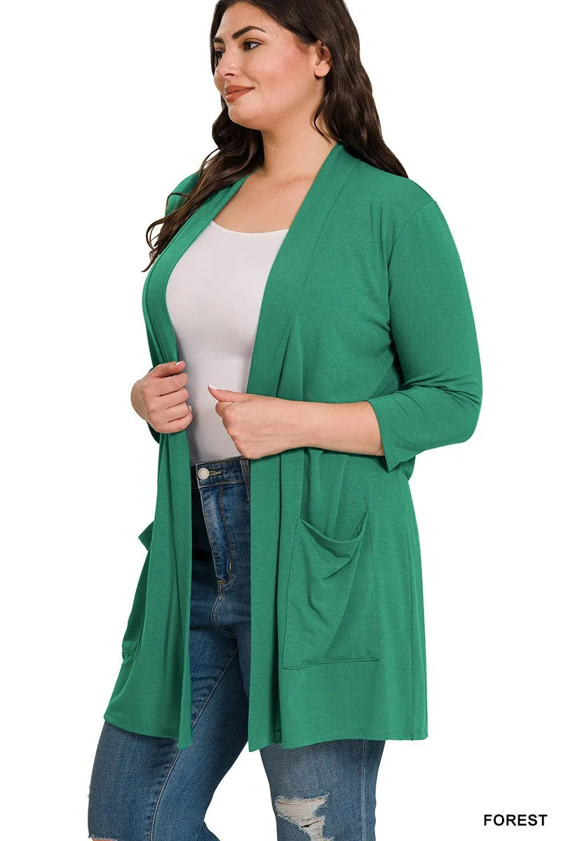 CURVY FOREST SLOUCHY POCKET OPEN CARDIGAN