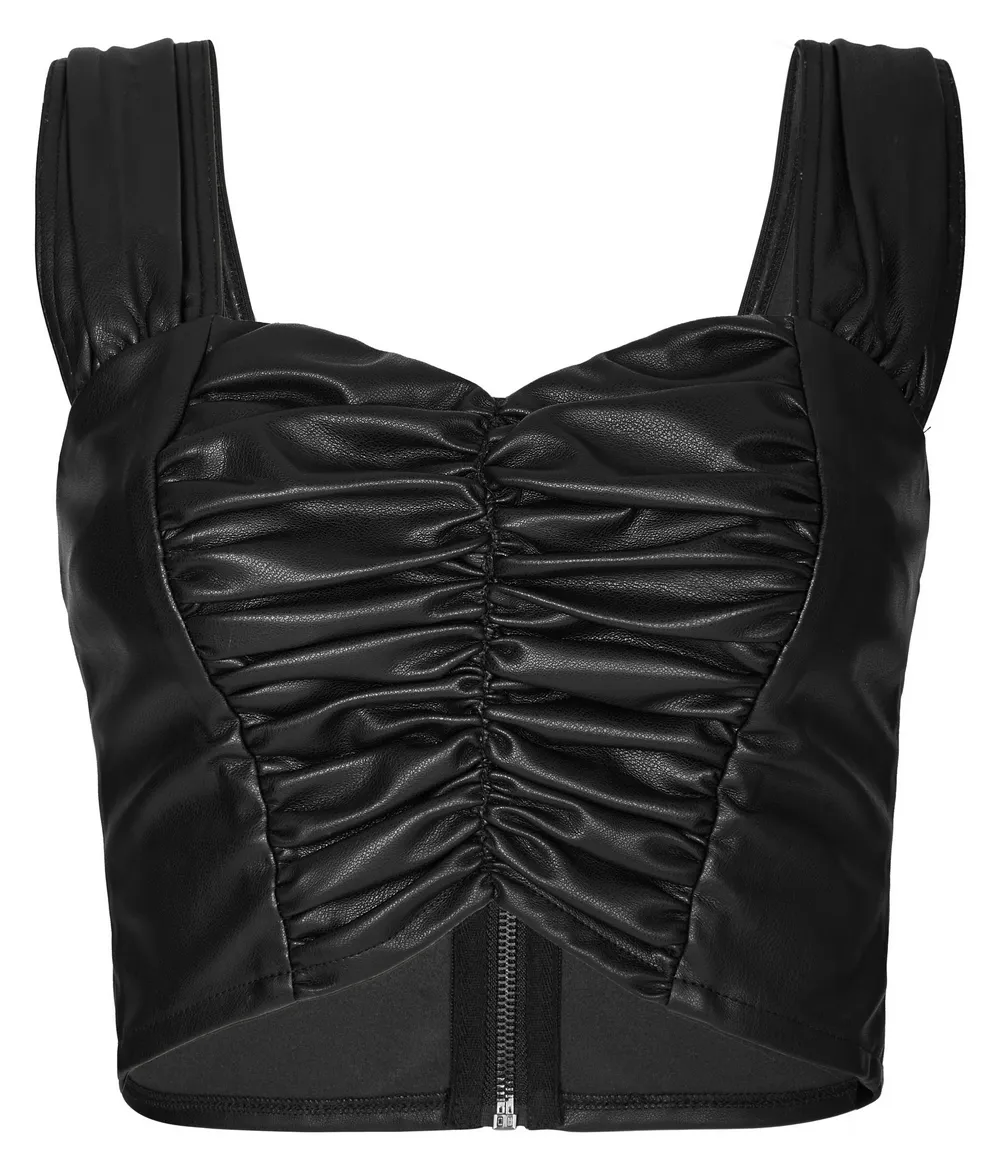 Eco-Friendly Faux Leather Pleated Top With Zip Front