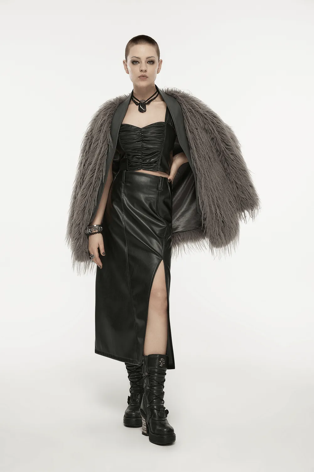 Eco-Friendly Faux Leather Pleated Top With Zip Front