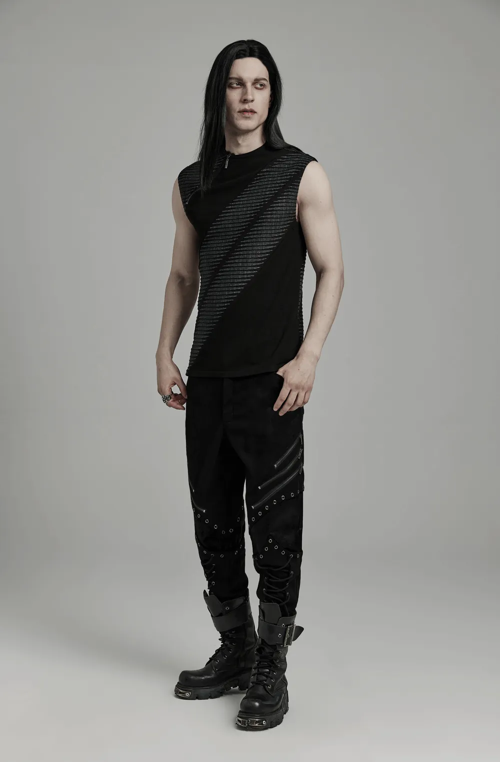 Edgy Black Spliced Top with 3D Jacquard Design
