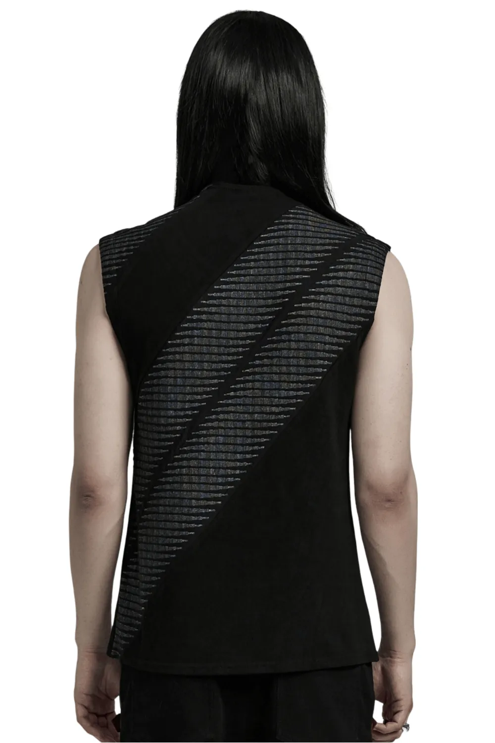 Edgy Black Spliced Top with 3D Jacquard Design