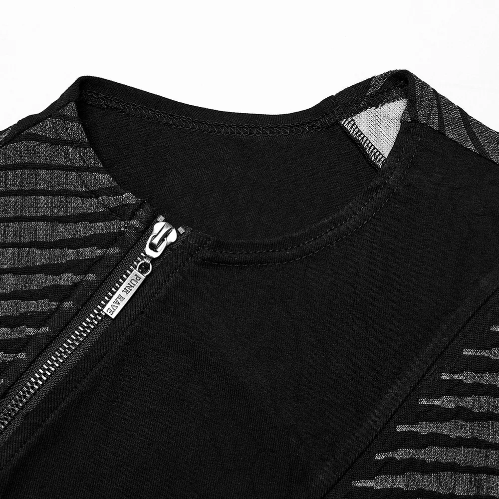 Edgy Black Spliced Top with 3D Jacquard Design