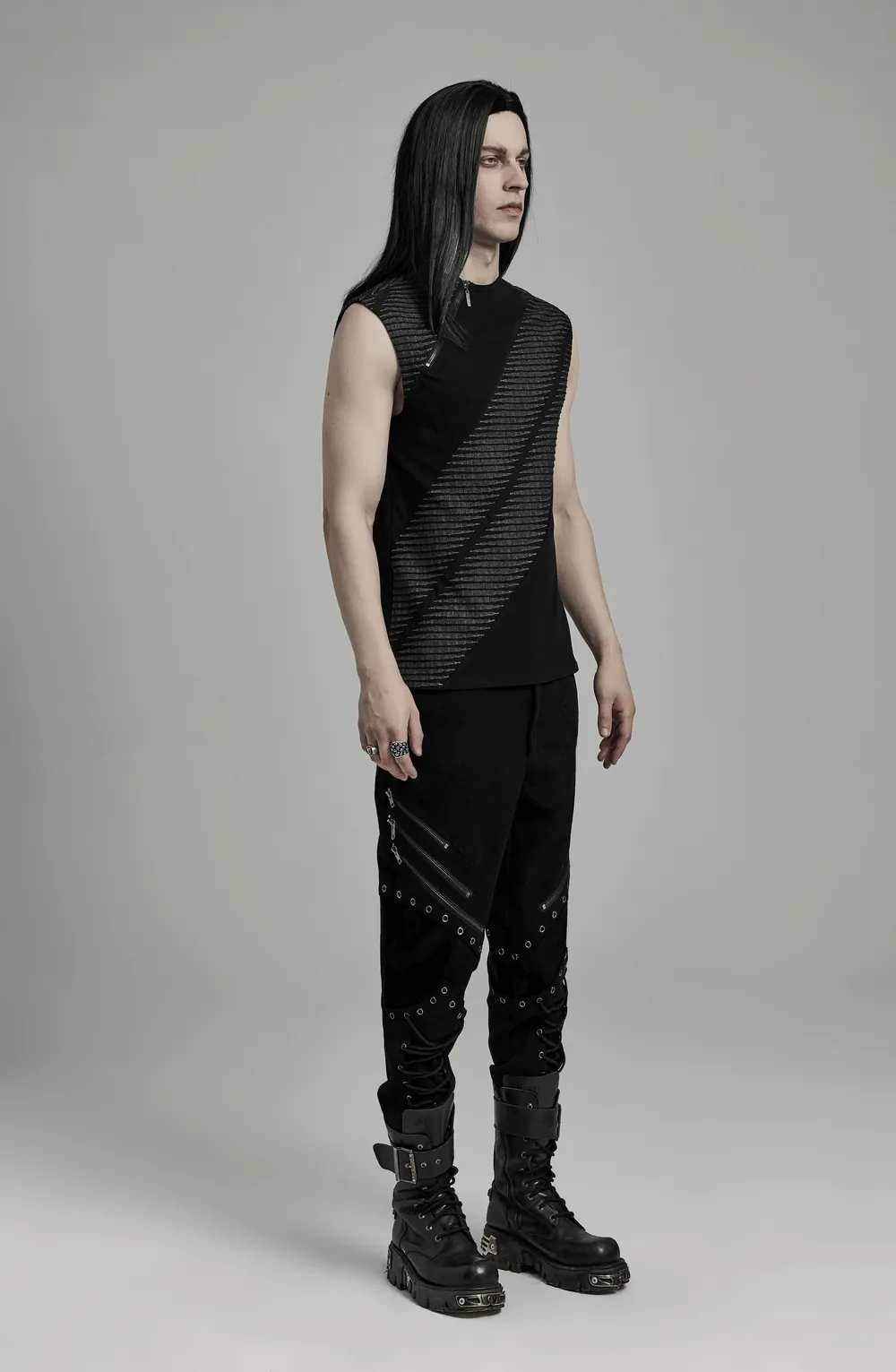 Edgy Black Spliced Top with 3D Jacquard Design