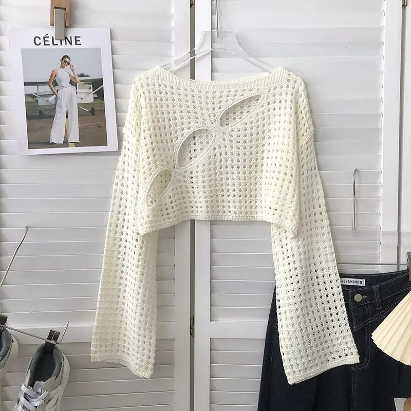 Fall Korean Style Hollow Round Neck Long Sleeve Knit Sweater
