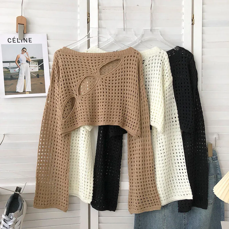 Fall Korean Style Hollow Round Neck Long Sleeve Knit Sweater