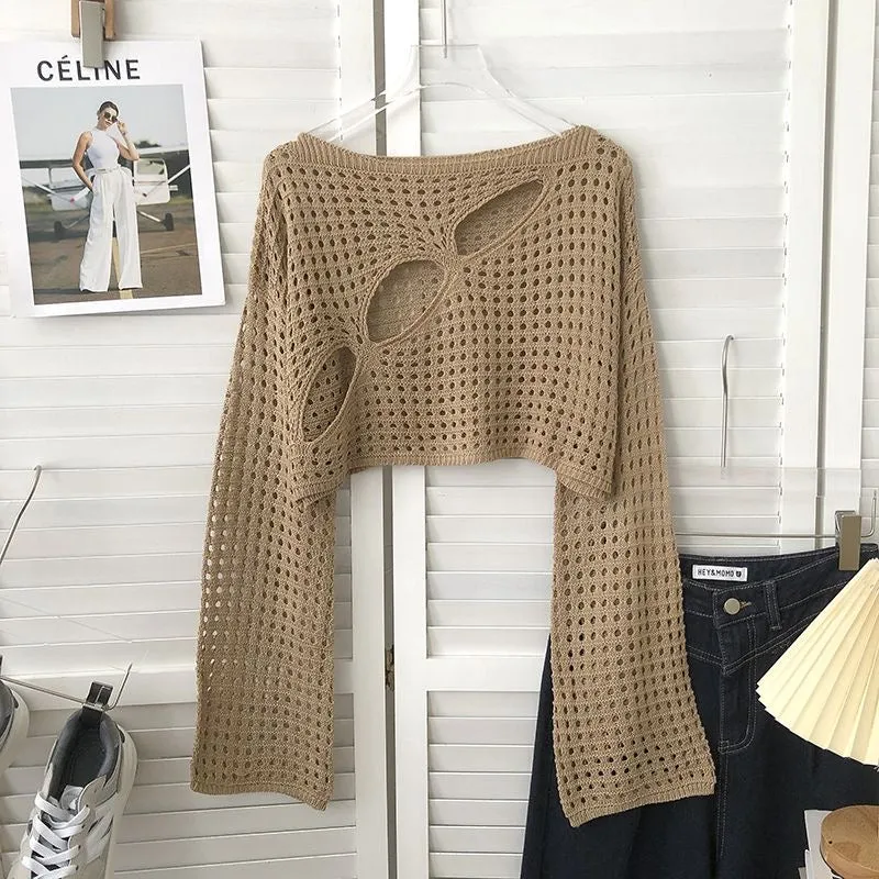 Fall Korean Style Hollow Round Neck Long Sleeve Knit Sweater
