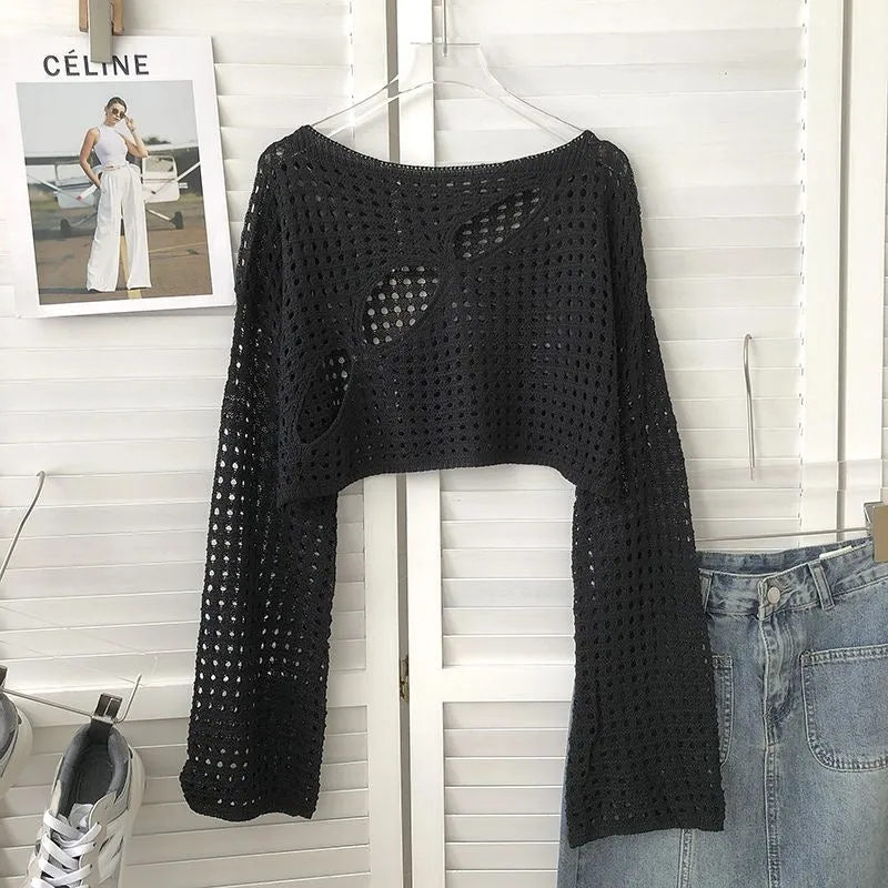 Fall Korean Style Hollow Round Neck Long Sleeve Knit Sweater