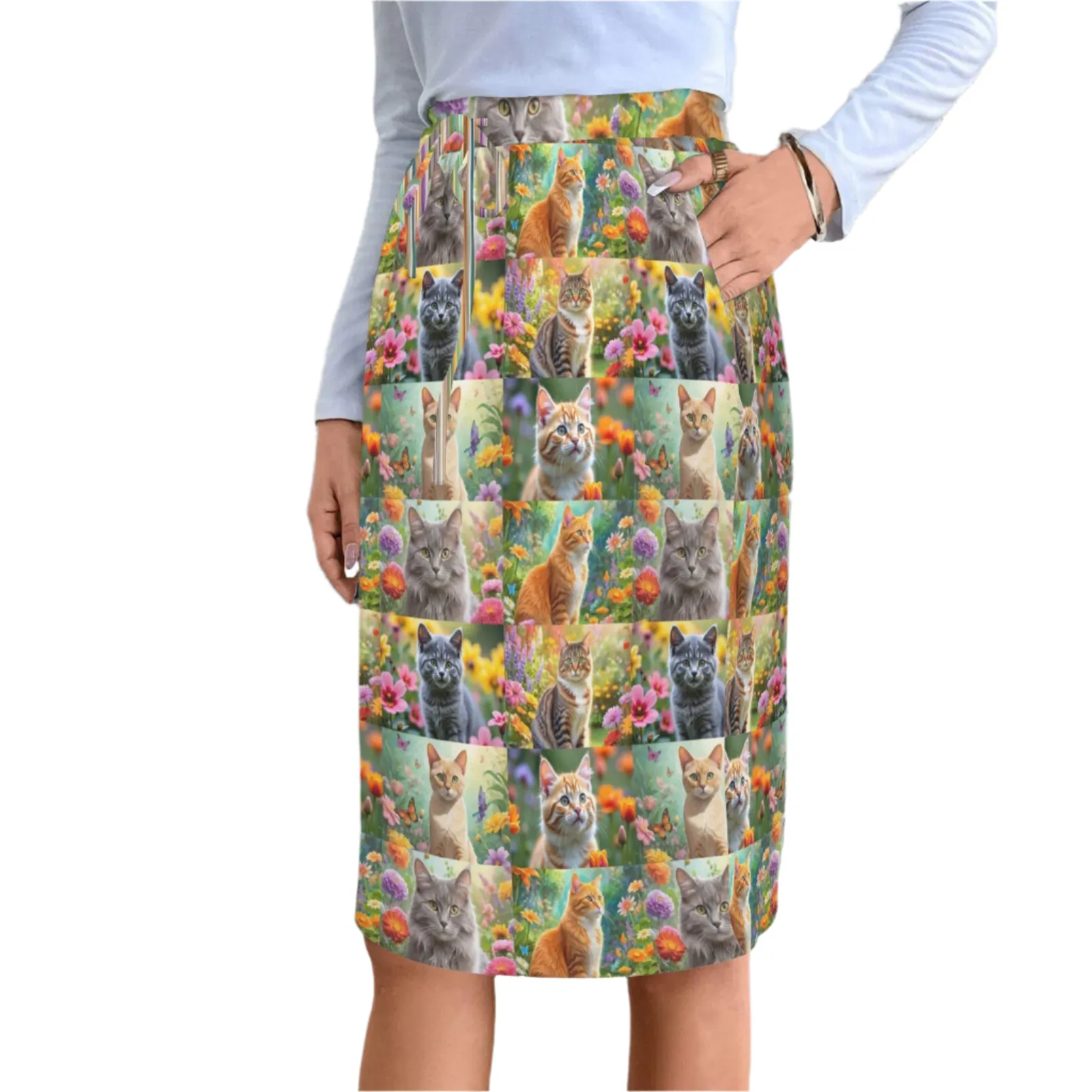 Fantasy Cats Knee Length Double Pocket Skirt up to 5 XL