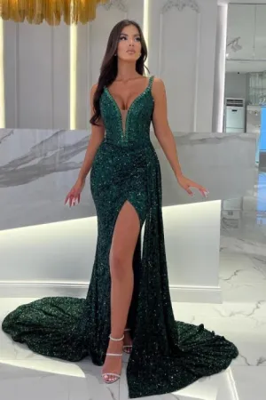 Floor-Length Dark Green Straps Sweetheart Column Split Front Prom Dresses with Sequins