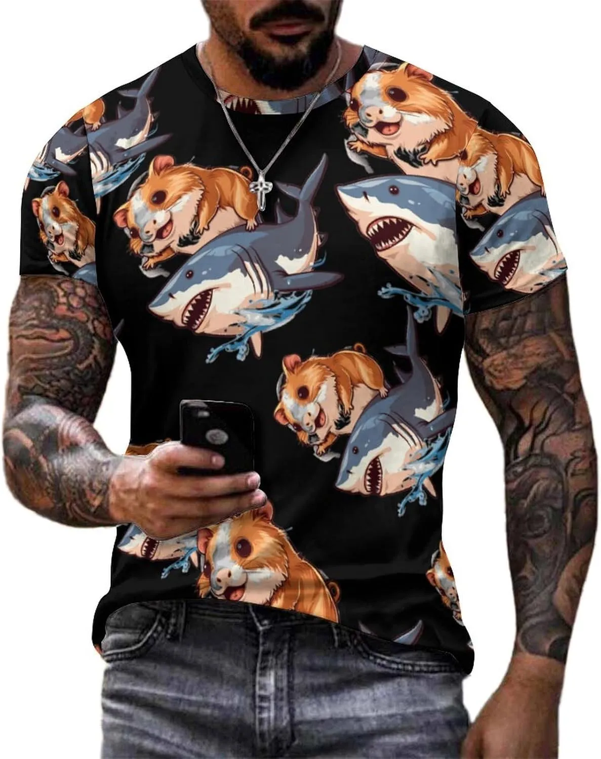 Funny Guinea Pig Riding Shark Men's T-Shirts Short Sleeve Tee Hawaiian Shirt Summer Tops Casual Workout Shirts