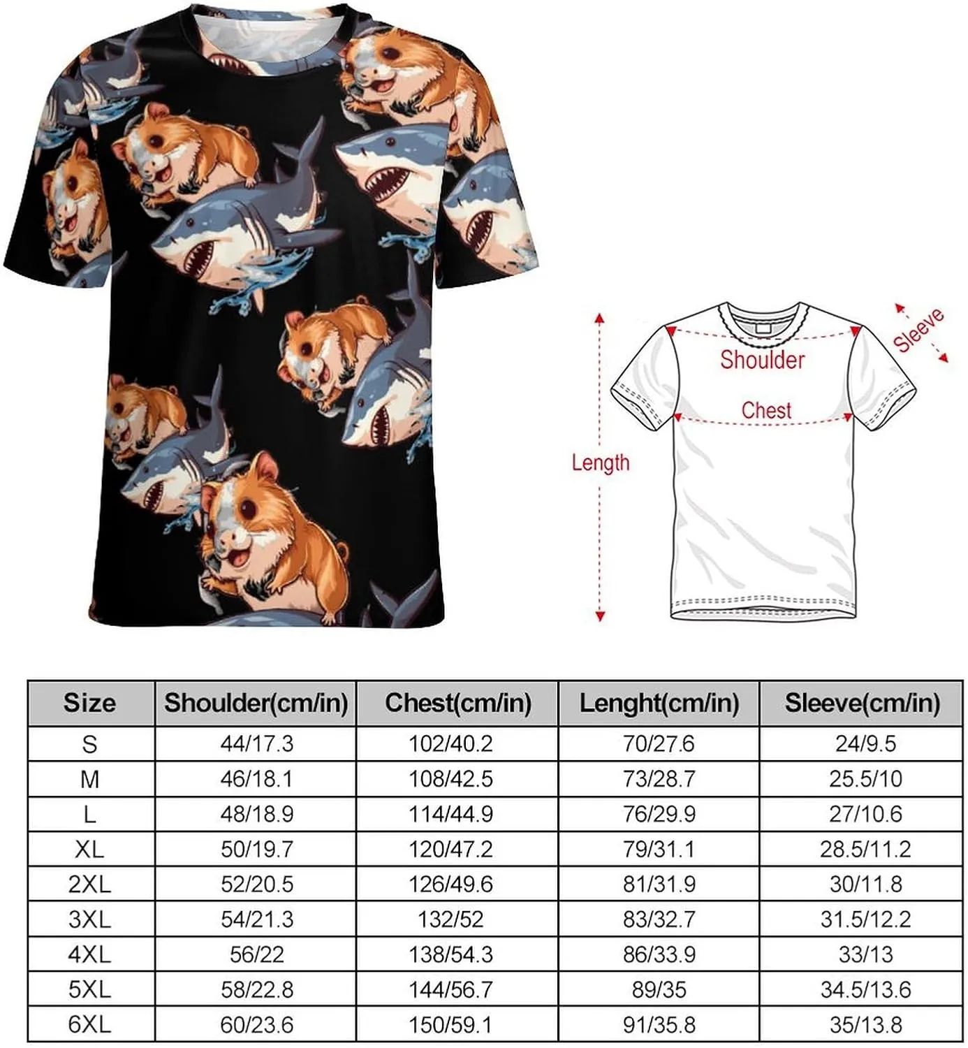 Funny Guinea Pig Riding Shark Men's T-Shirts Short Sleeve Tee Hawaiian Shirt Summer Tops Casual Workout Shirts