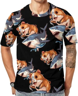 Funny Guinea Pig Riding Shark Men's T-Shirts Short Sleeve Tee Hawaiian Shirt Summer Tops Casual Workout Shirts