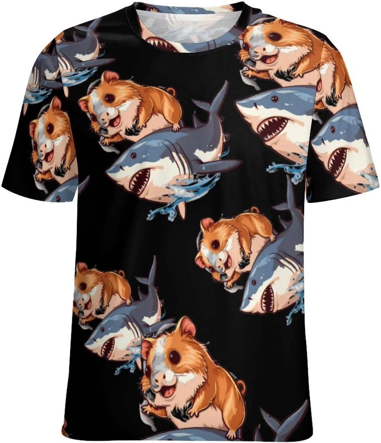 Funny Guinea Pig Riding Shark Men's T-Shirts Short Sleeve Tee Hawaiian Shirt Summer Tops Casual Workout Shirts