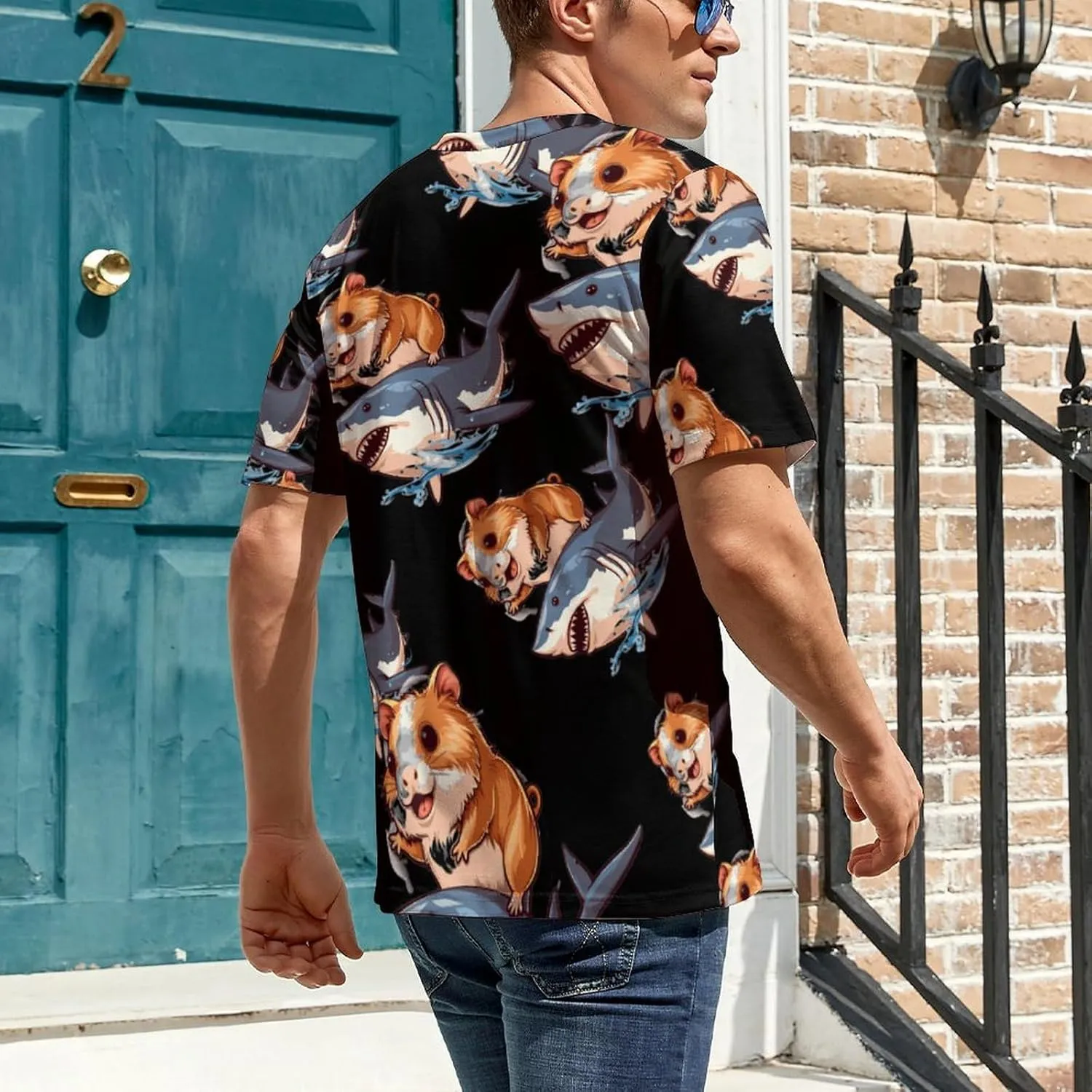 Funny Guinea Pig Riding Shark Men's T-Shirts Short Sleeve Tee Hawaiian Shirt Summer Tops Casual Workout Shirts