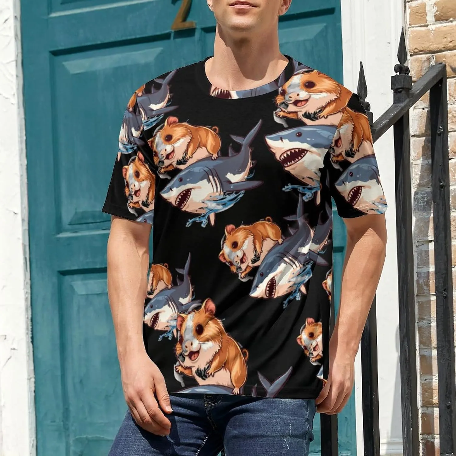 Funny Guinea Pig Riding Shark Men's T-Shirts Short Sleeve Tee Hawaiian Shirt Summer Tops Casual Workout Shirts