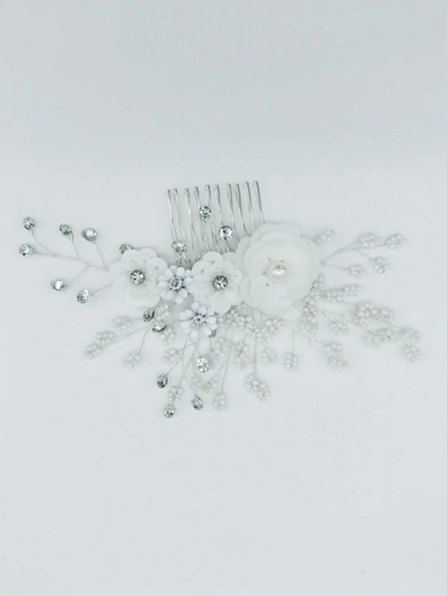 Girls White Floral Rhinestone Beads Comb