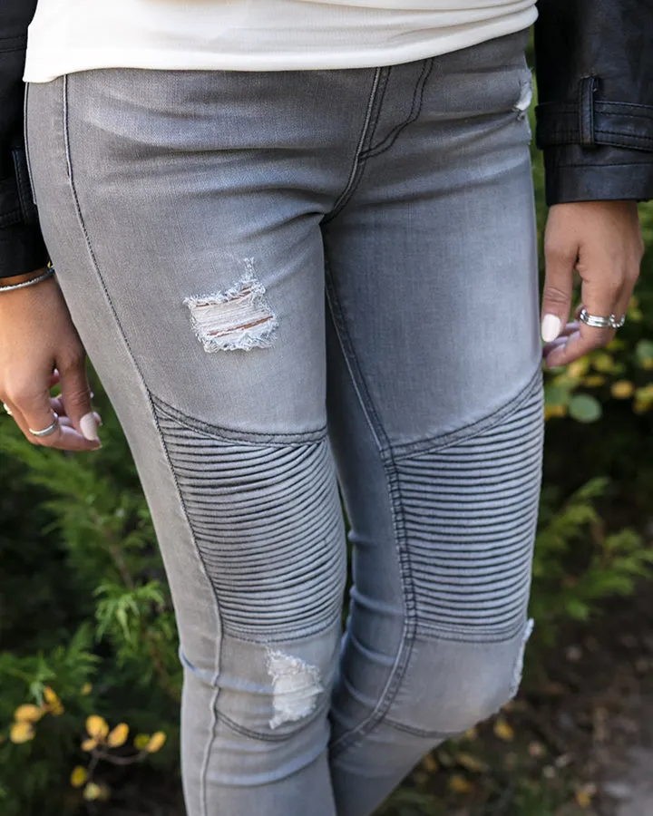 Grace & Lace Mid-Rise Distressed Denim Moto Jeggings in Grey Denim