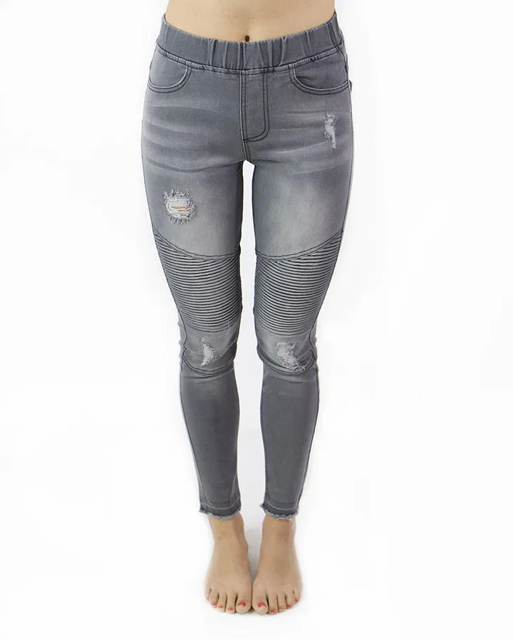 Grace & Lace Mid-Rise Distressed Denim Moto Jeggings in Grey Denim