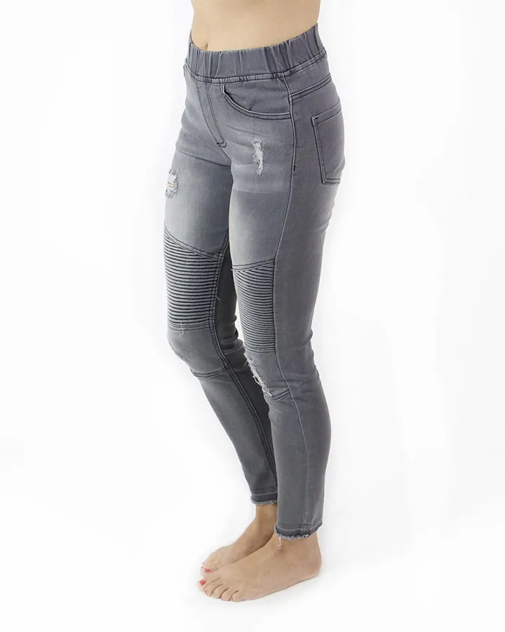 Grace & Lace Mid-Rise Distressed Denim Moto Jeggings in Grey Denim