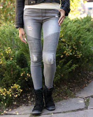 Grace & Lace Mid-Rise Distressed Denim Moto Jeggings in Grey Denim